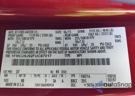 2015 Ford Escape Titanium из США, поврежденный, VIN 1FMCU9J92FUC87017